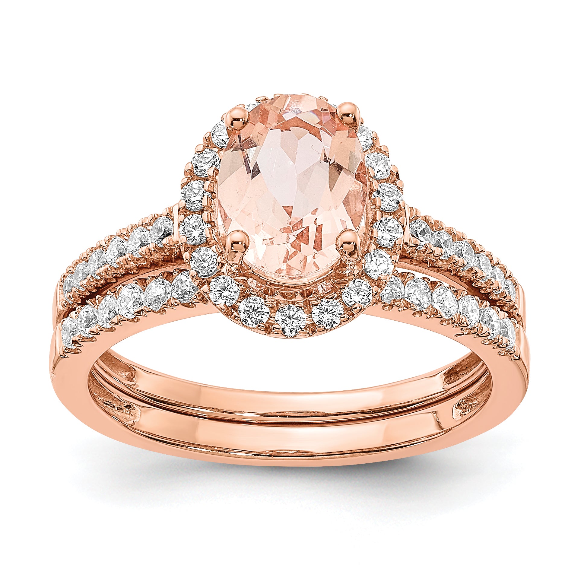 Pure Serenity 14k Rose Gold 1/3 carat Lab Grown Diamond VS/SI+ G+ and Oval Morganite Halo Engagement Ring