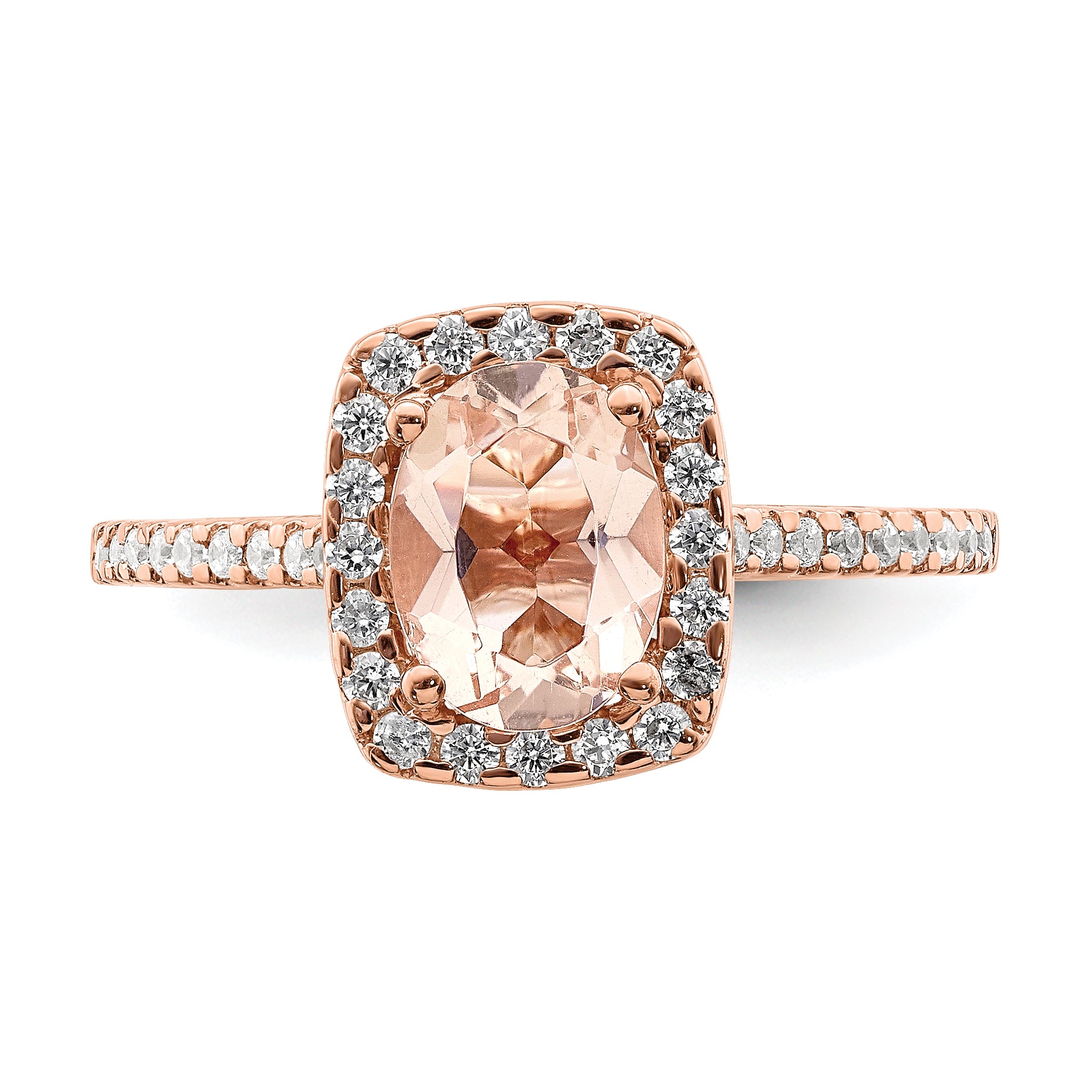 Pure Serenity 14k Rose Gold 1/3 carat Lab Grown Diamond VS/SI+ G+ and Long Cushion Morganite Halo Engagement Ring