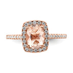 Pure Serenity 14k Rose Gold 1/3 carat Lab Grown Diamond VS/SI+ G+ and Long Cushion Morganite Halo Engagement Ring