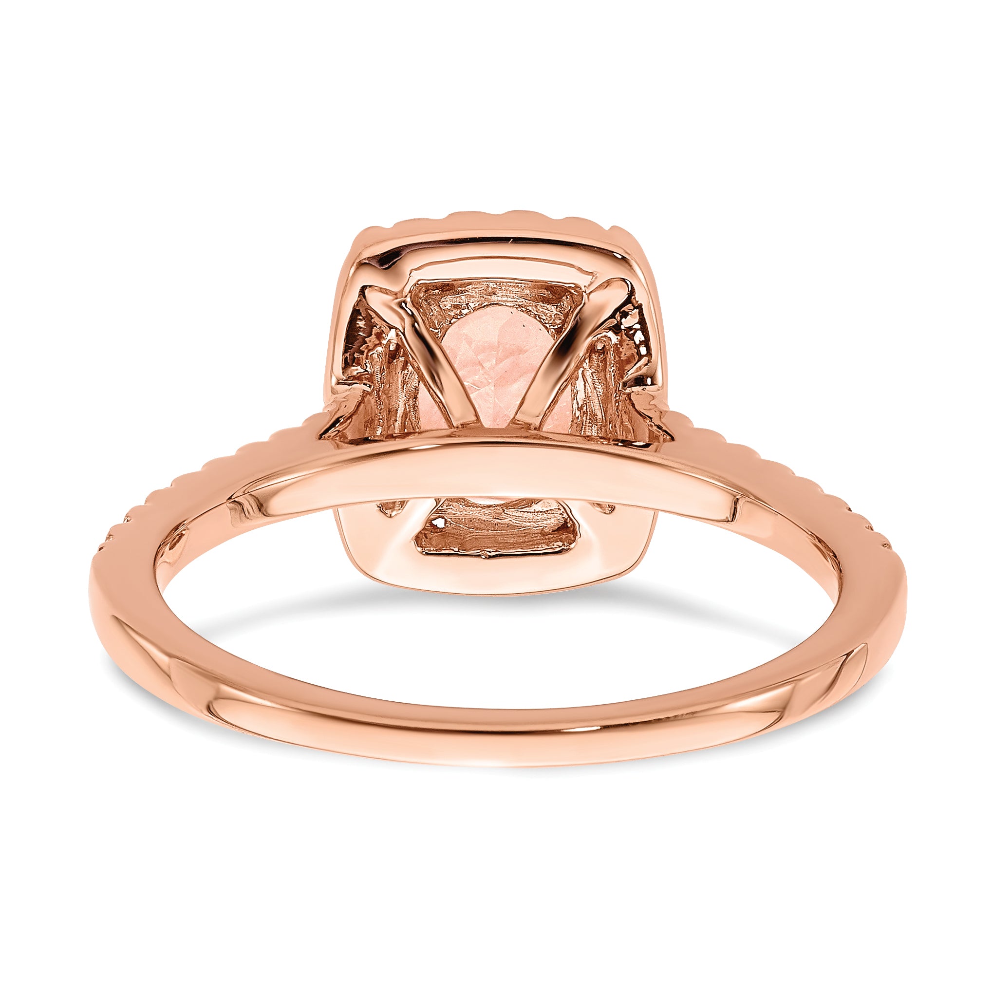 Pure Serenity 14k Rose Gold 1/3 carat Lab Grown Diamond VS/SI+ G+ and Long Cushion Morganite Halo Engagement Ring
