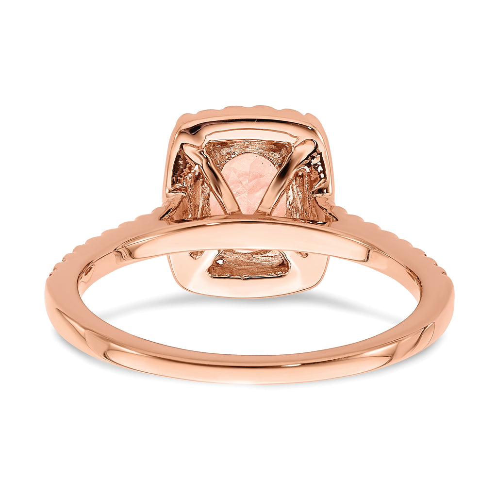 Pure Serenity 14k Rose Gold 1/3 carat Lab Grown Diamond VS/SI+ G+ and Long Cushion Morganite Halo Engagement Ring