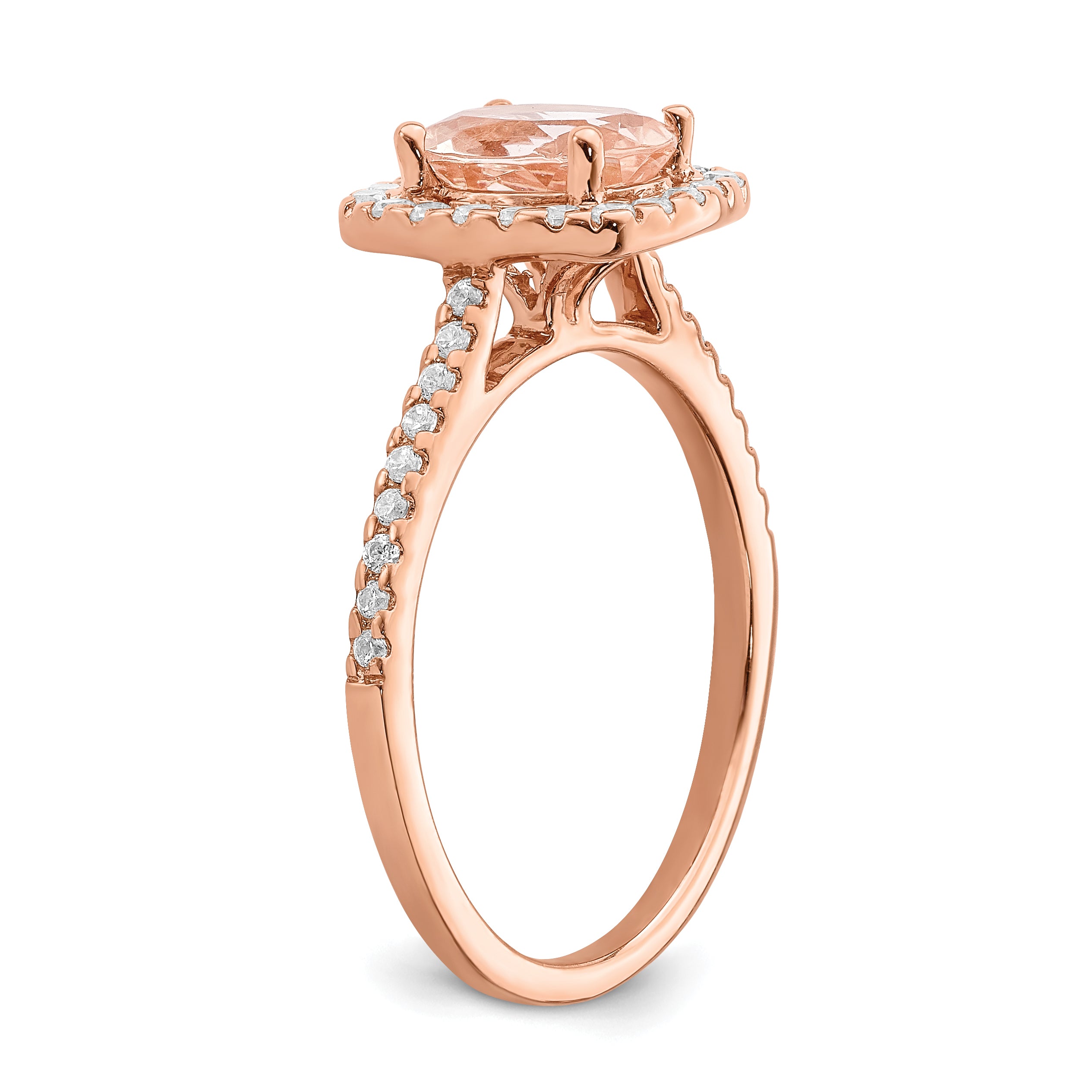 Pure Serenity 14k Rose Gold 1/3 carat Lab Grown Diamond VS/SI+ G+ and Long Cushion Morganite Halo Engagement Ring
