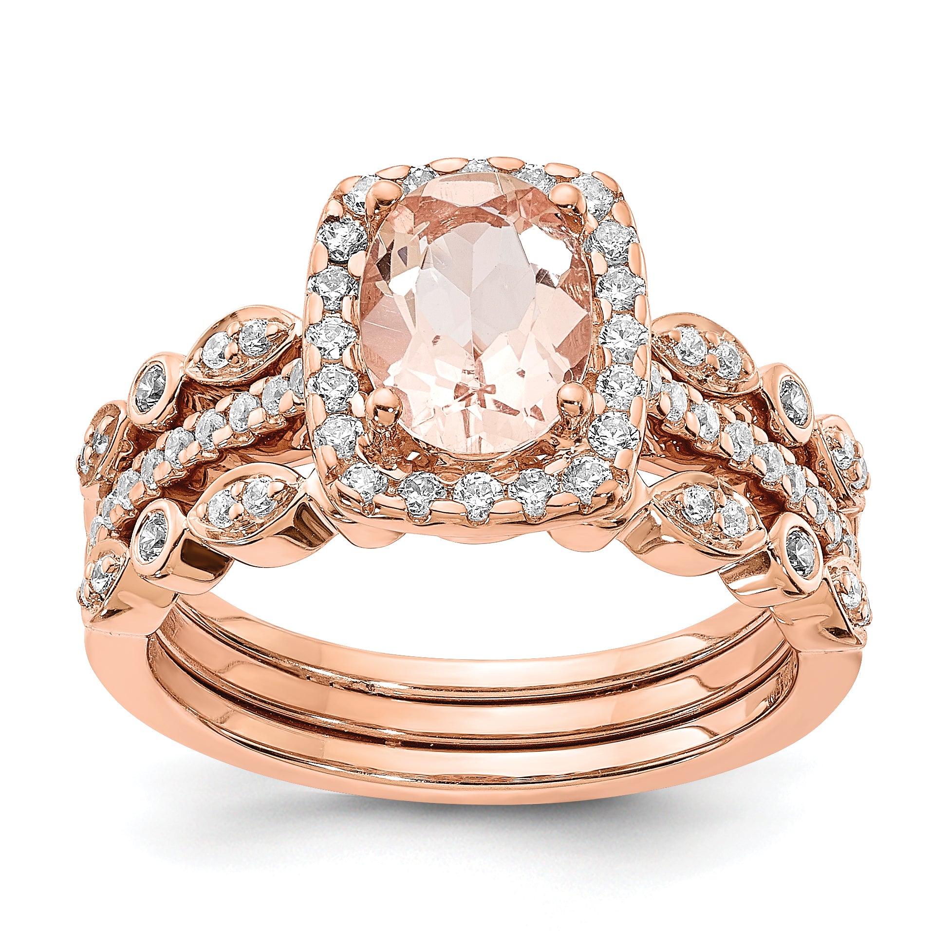 Pure Serenity 14k Rose Gold 1/3 carat Lab Grown Diamond VS/SI+ G+ and Long Cushion Morganite Halo Engagement Ring