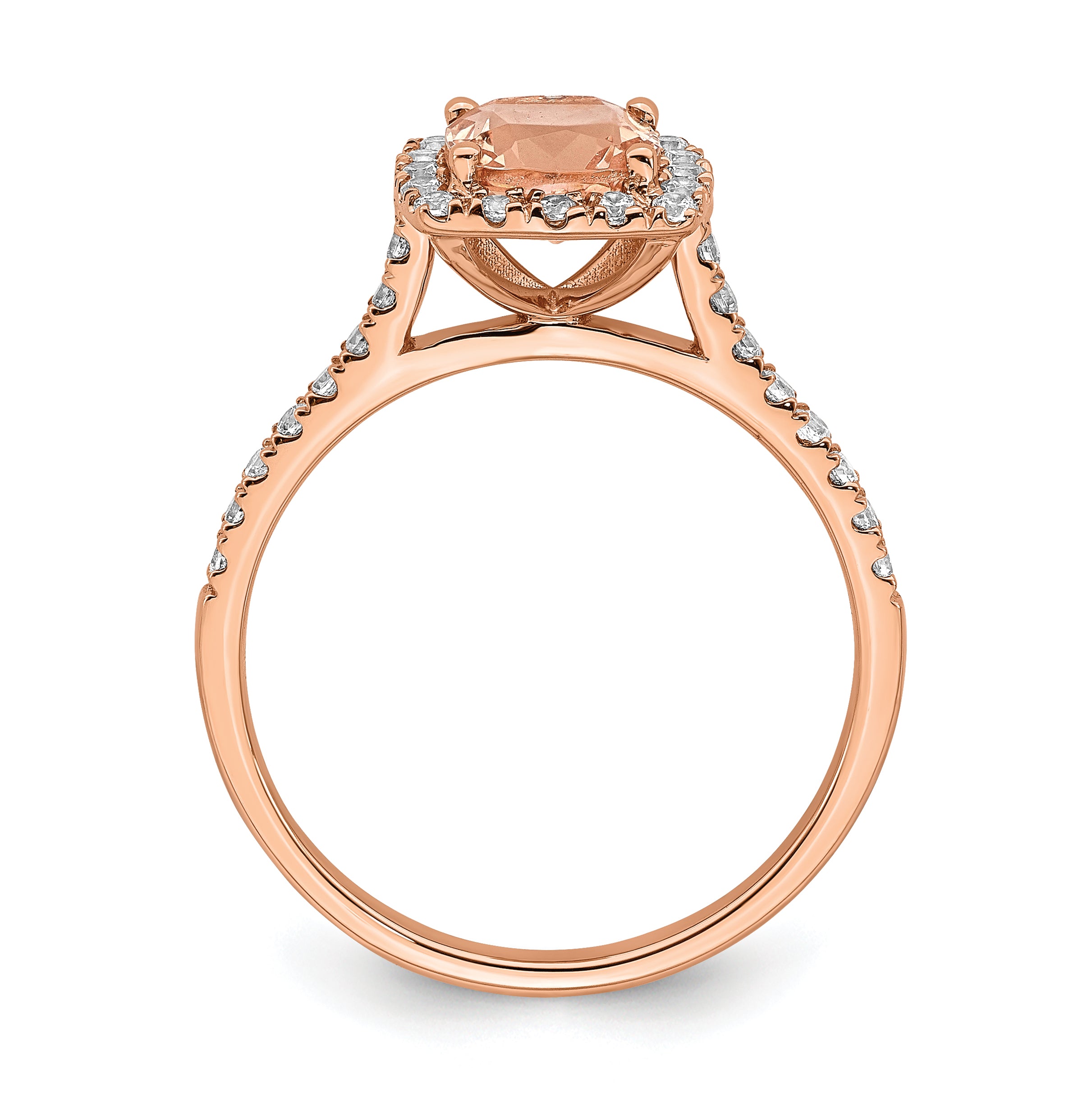 Pure Serenity 14k Rose Gold 1/4 carat Lab Grown Diamond VS/SI+ G+ and Cushion Morganite Halo Engagement Ring