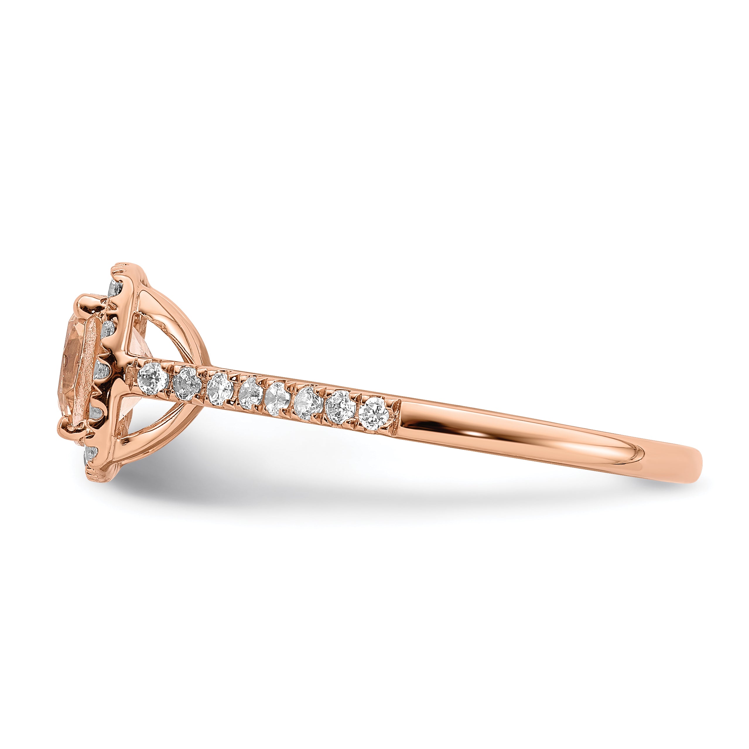 Pure Serenity 14k Rose Gold 1/4 carat Lab Grown Diamond VS/SI+ G+ and Cushion Morganite Halo Engagement Ring