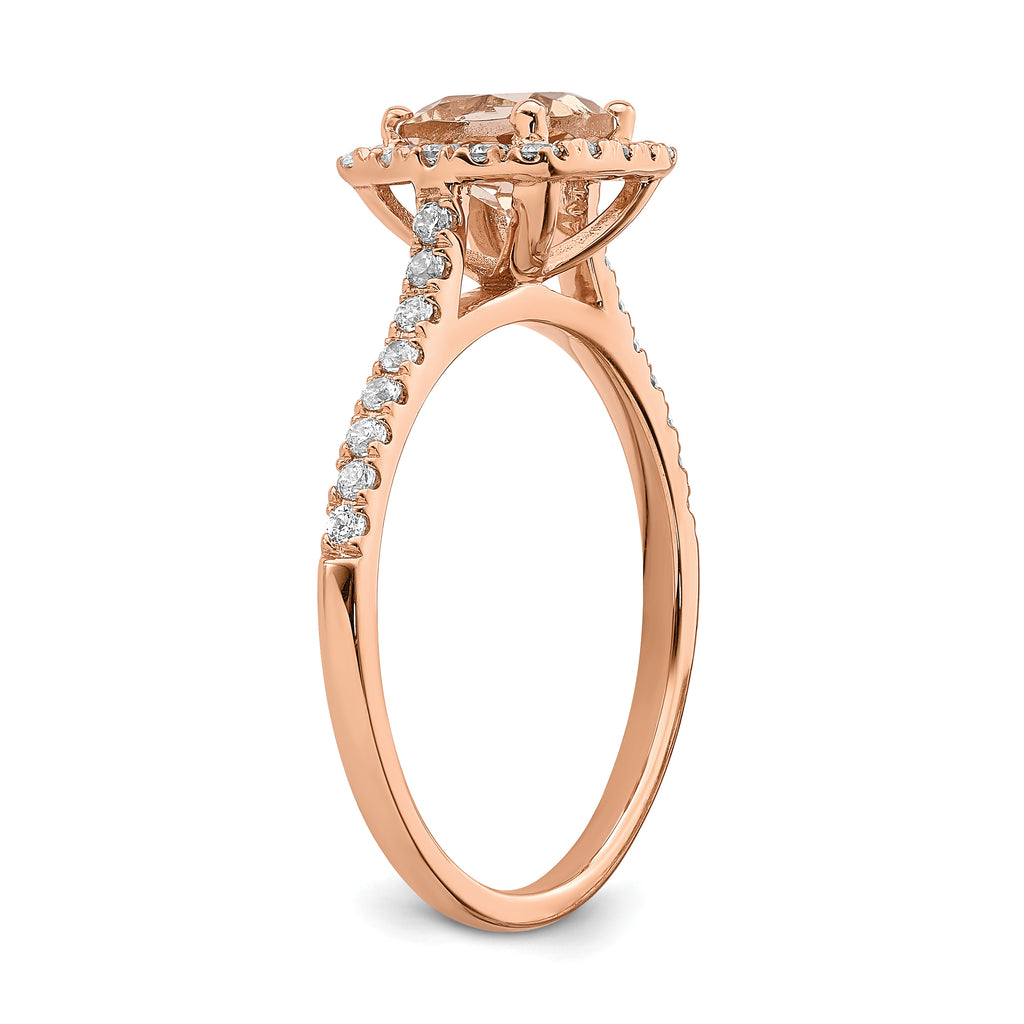 Pure Serenity 14k Rose Gold 1/4 carat Lab Grown Diamond VS/SI+ G+ and Cushion Morganite Halo Engagement Ring