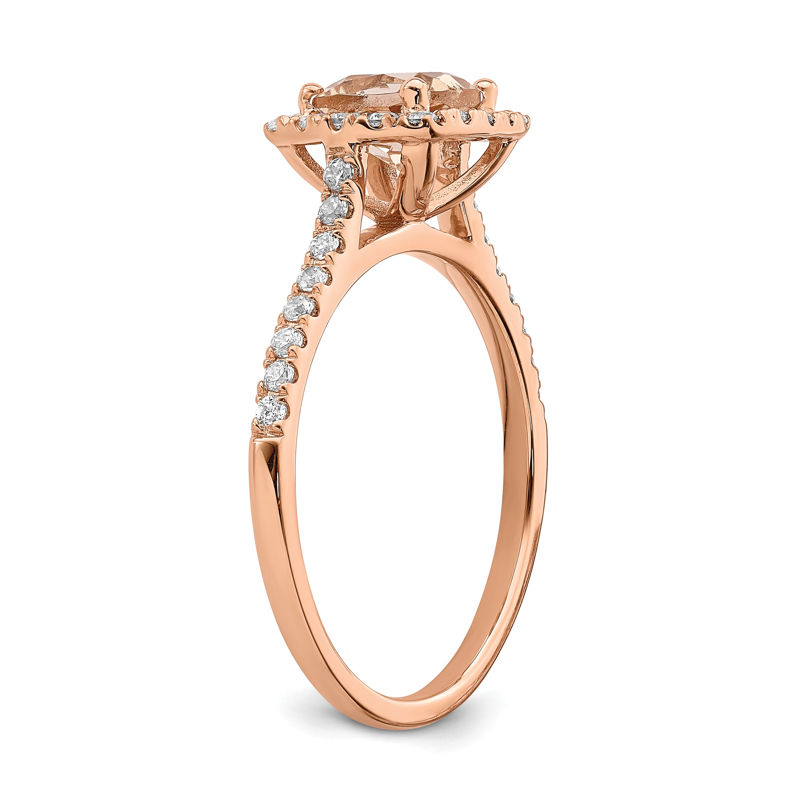 Pure Serenity 14k Rose Gold 1/4 carat Lab Grown Diamond VS/SI+ G+ and Cushion Morganite Halo Engagement Ring