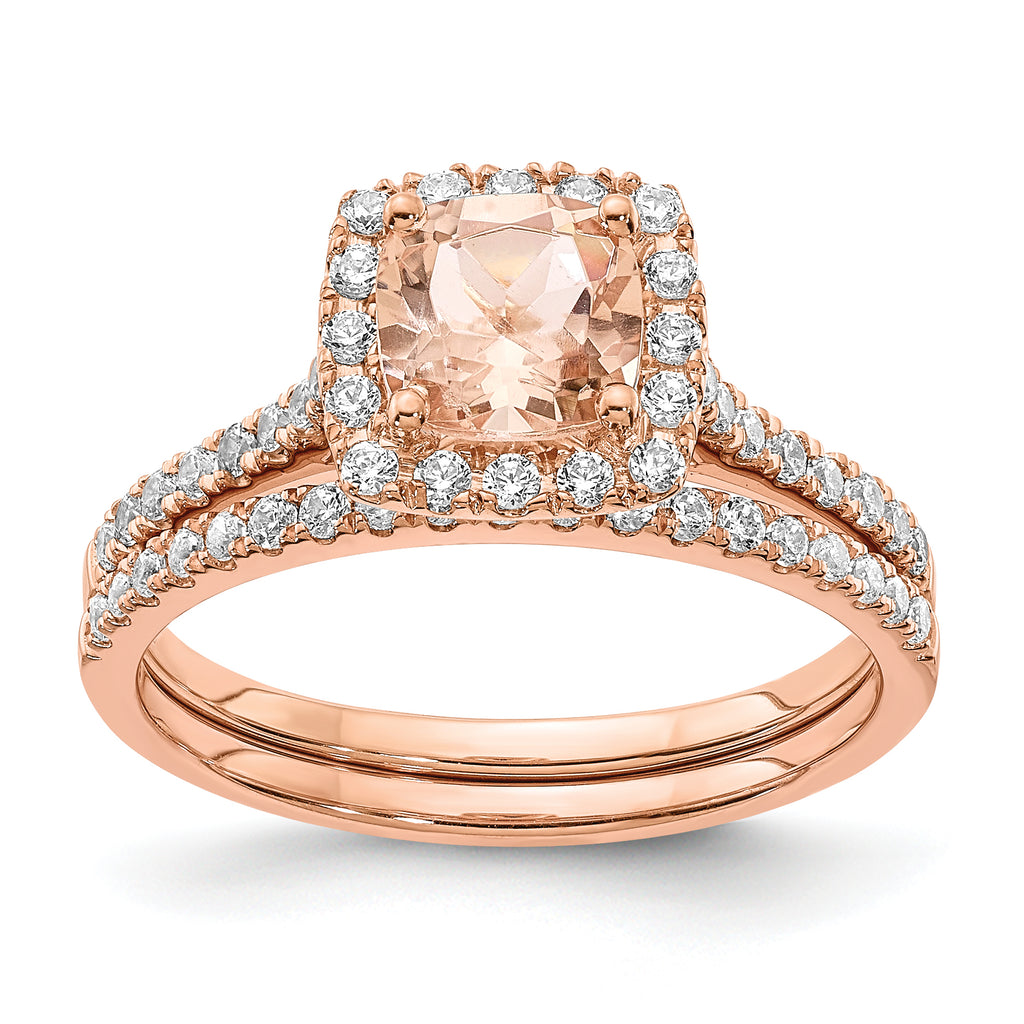 Pure Serenity 14k Rose Gold 1/4 carat Lab Grown Diamond VS/SI+ G+ and Cushion Morganite Halo Engagement Ring