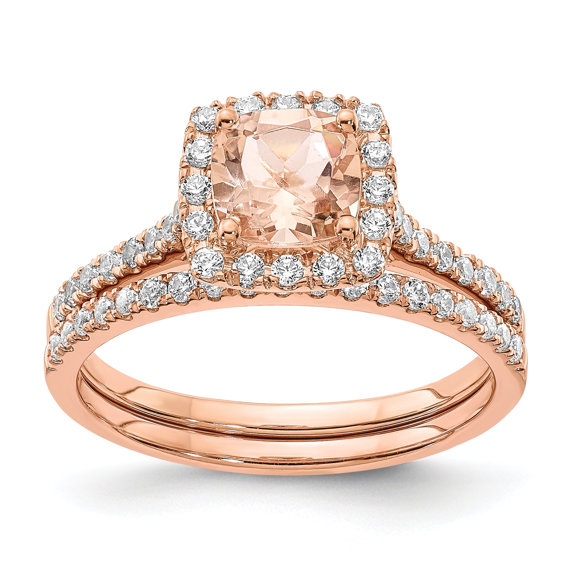Pure Serenity 14k Rose Gold 1/4 carat Lab Grown Diamond VS/SI+ G+ and Cushion Morganite Halo Engagement Ring