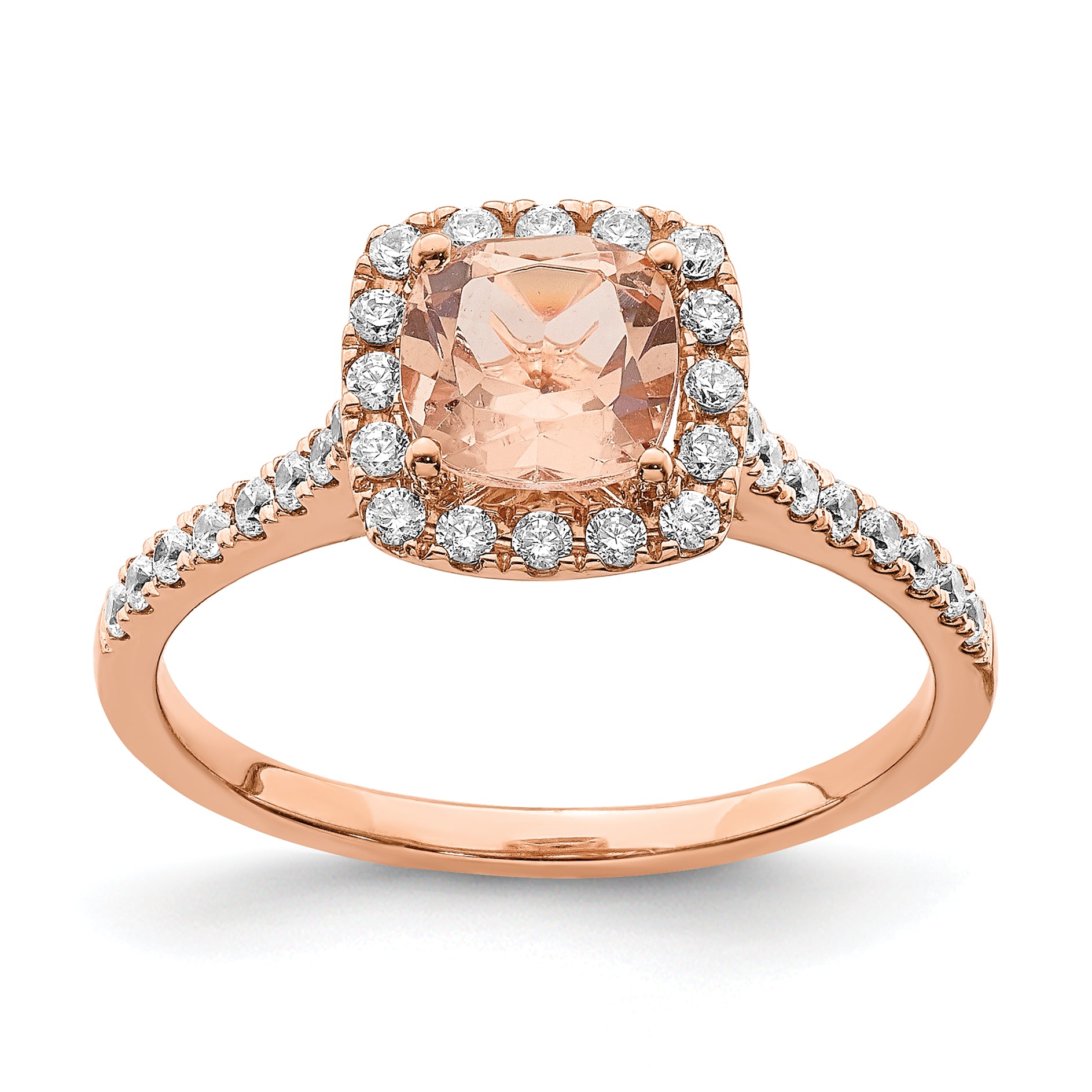 Pure Serenity 14k Rose Gold 1/4 carat Lab Grown Diamond VS/SI+ G+ and Cushion Morganite Halo Engagement Ring Main image