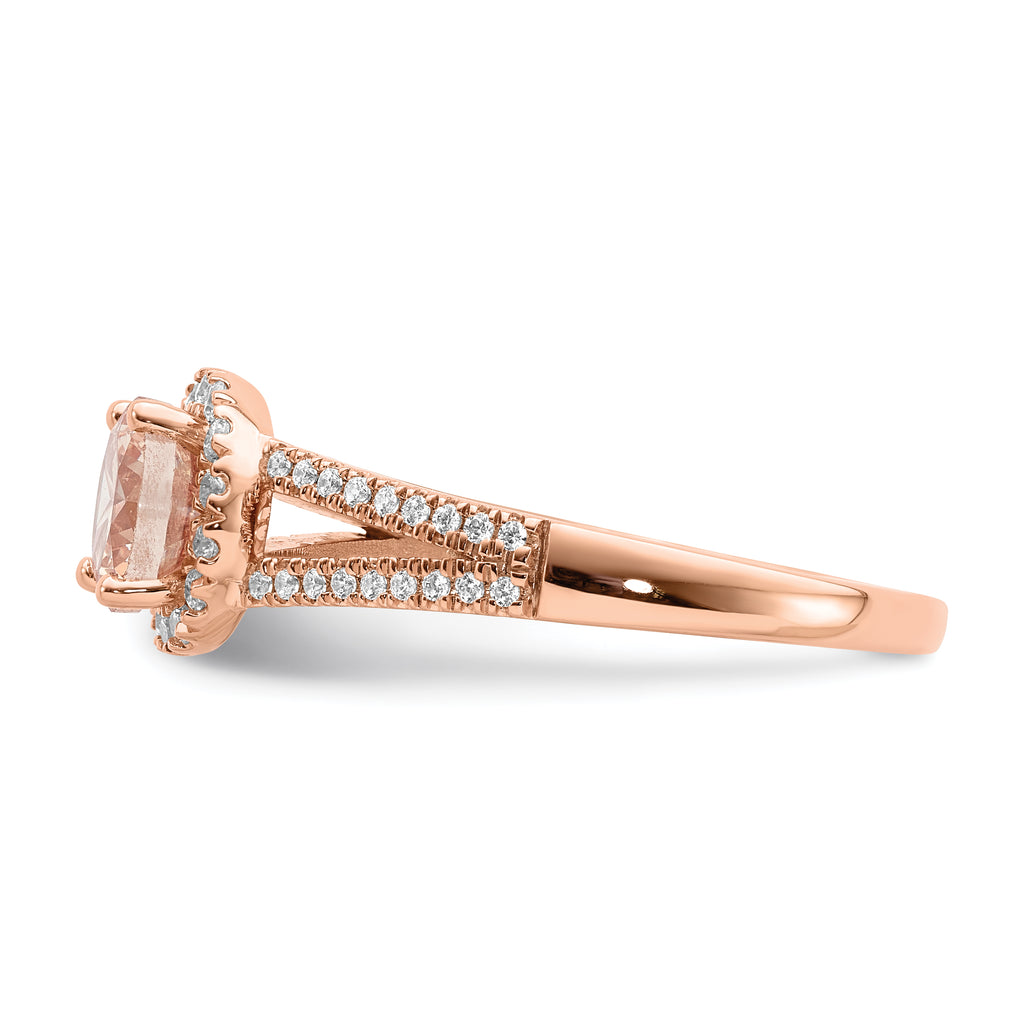 Pure Serenity 14k Rose Gold 1/4 carat Lab Grown Diamond VS/SI+ G+ and Round Morganite Halo Engagement Ring
