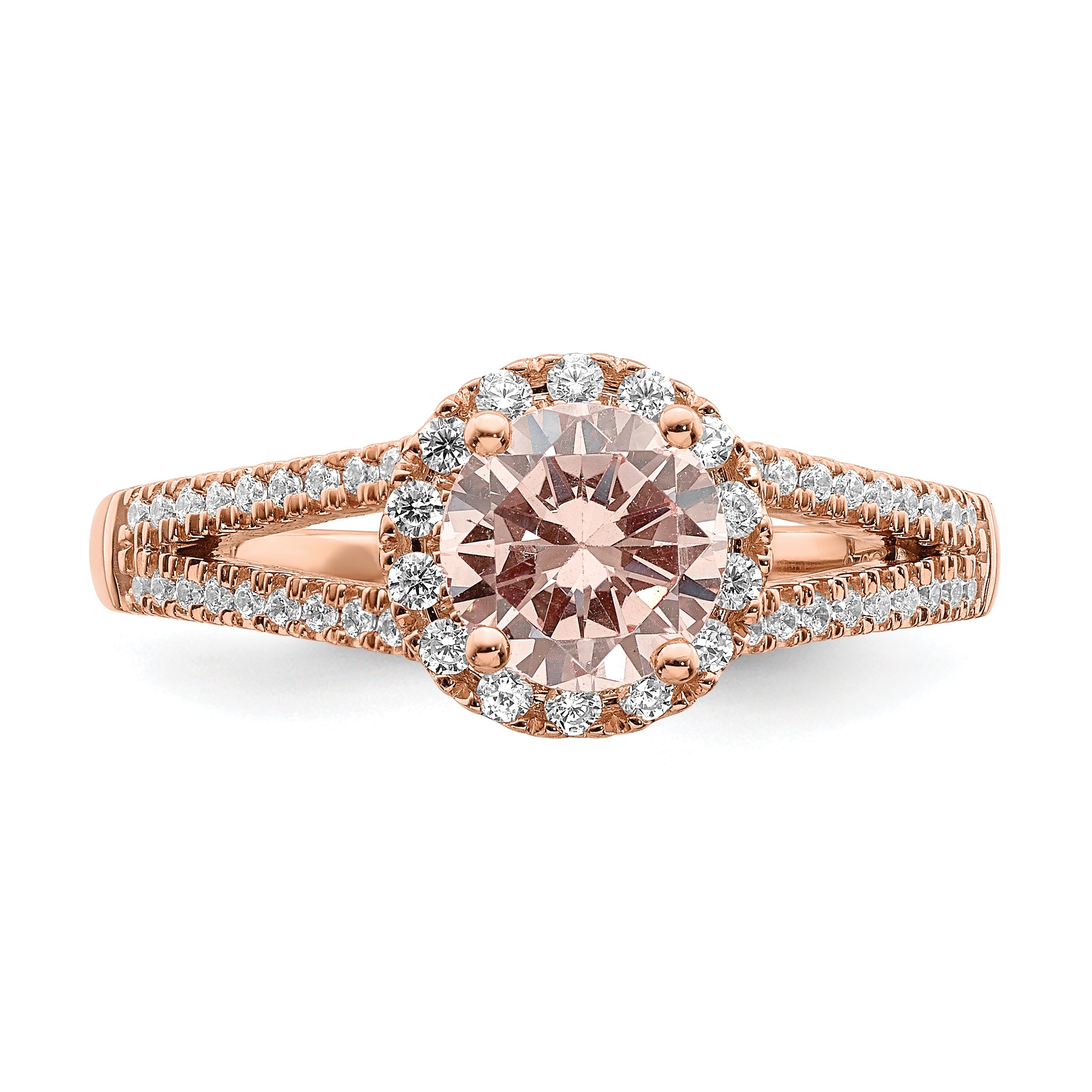 Pure Serenity 14k Rose Gold 1/4 carat Lab Grown Diamond VS/SI+ G+ and Round Morganite Halo Engagement Ring