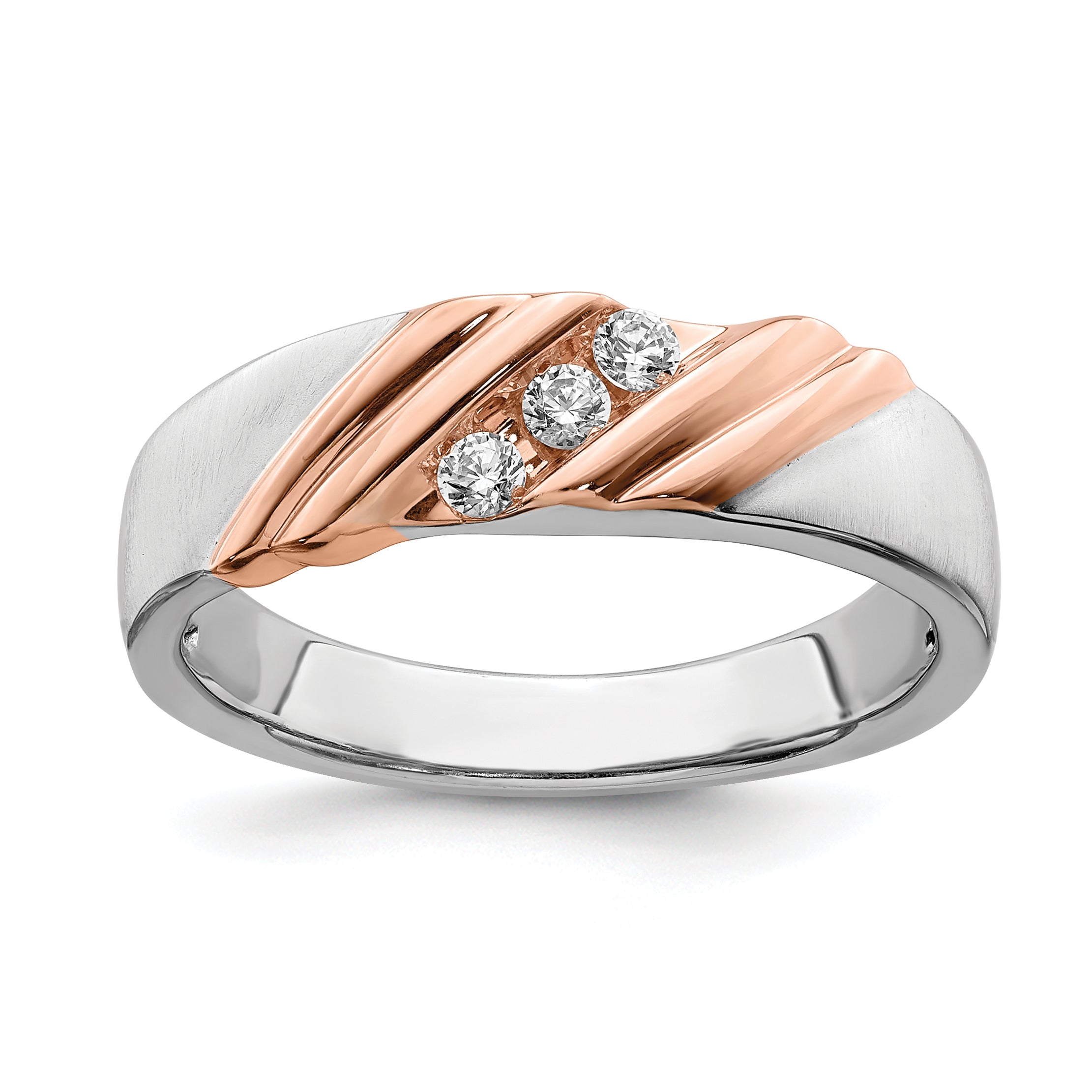 14k Two-tone Rose and White Gold 1/6 carat Lab Grown Diamond VS/SI+ G+ Three Stone Complete Men's Ring Main image