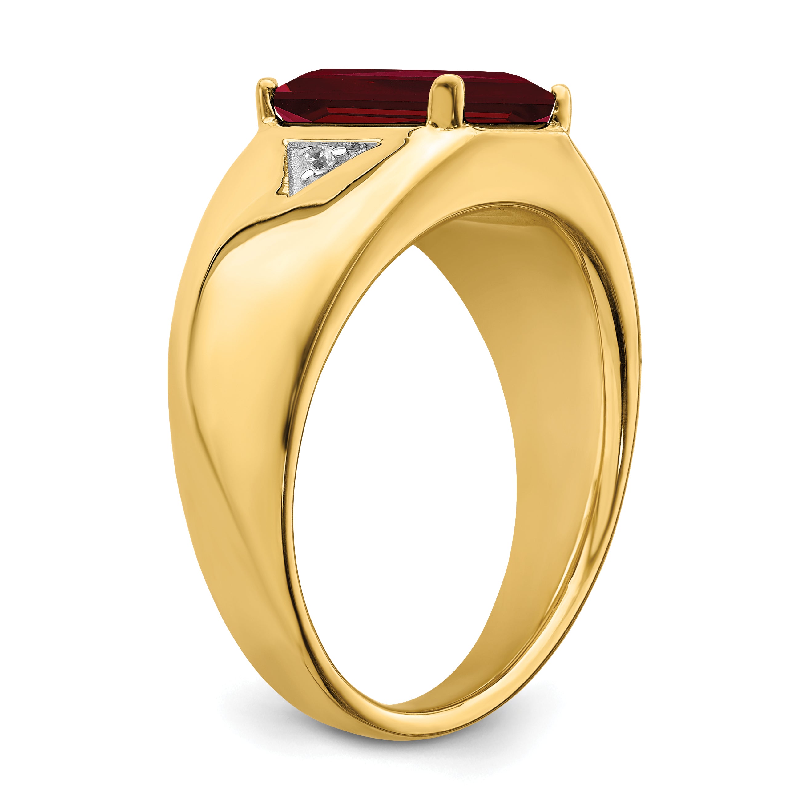 14k Emerald-cut Created Ruby and Diamond Polished Mens Ring