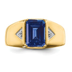 14k Emerald-cut Created Sapphire and Diamond Polished Mens Ring