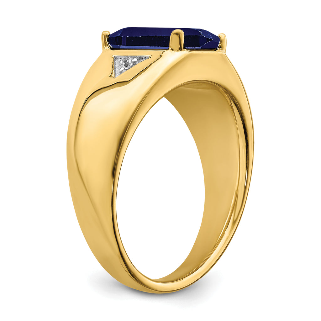 14k Emerald-cut Created Sapphire and Diamond Polished Mens Ring
