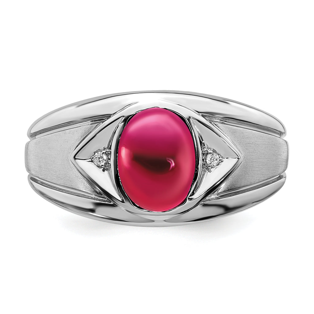 14k White Gold Created Ruby and Diamond Mens Ring