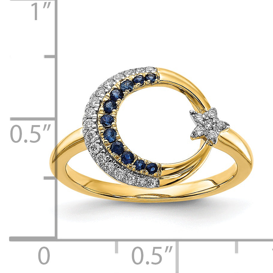 14k Polished Sapphire and Diamond Moon w/Star Ring