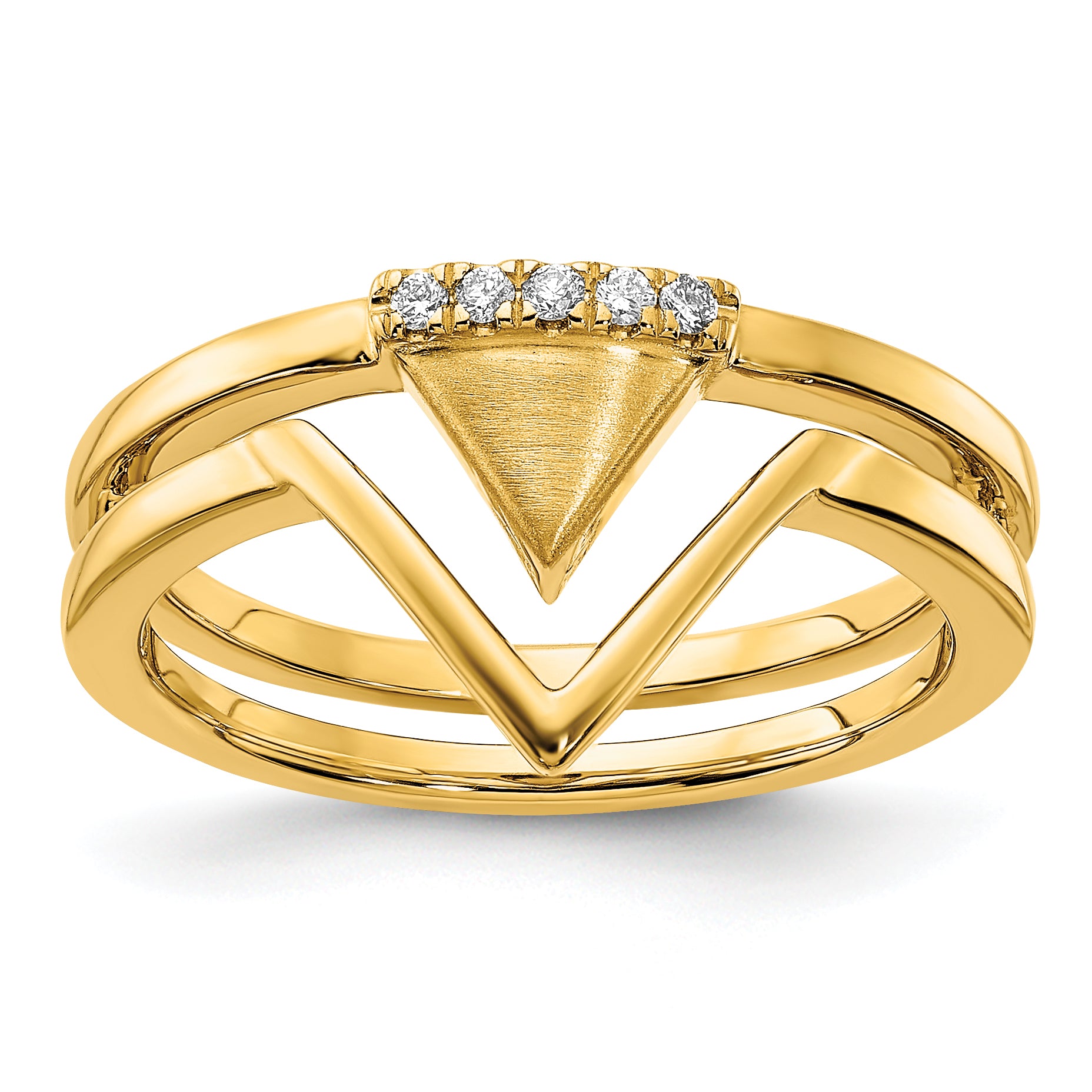 14k Satin and Polished Diamond Double Triangle Ring