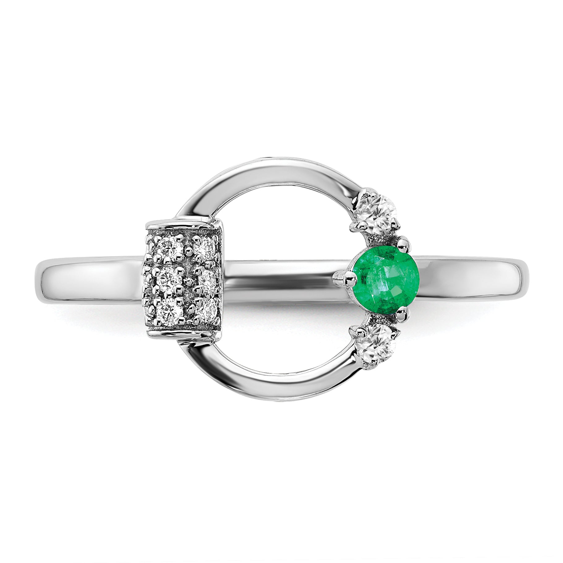 14k White Polished Diamond and Emerald Circle Ring