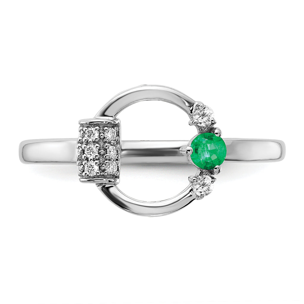 14k White Polished Diamond and Emerald Circle Ring