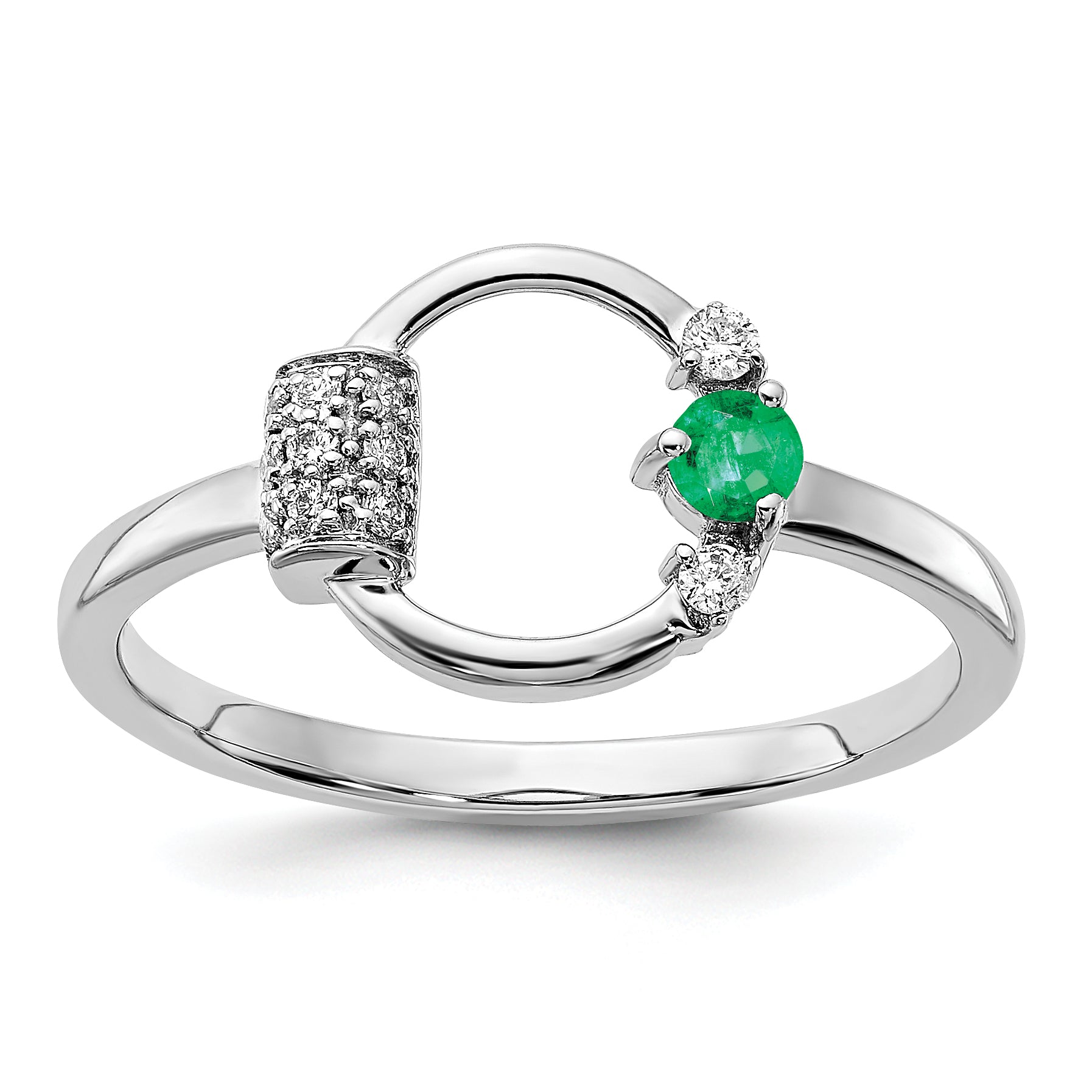 14k White Polished Diamond and Emerald Circle Ring Main image
