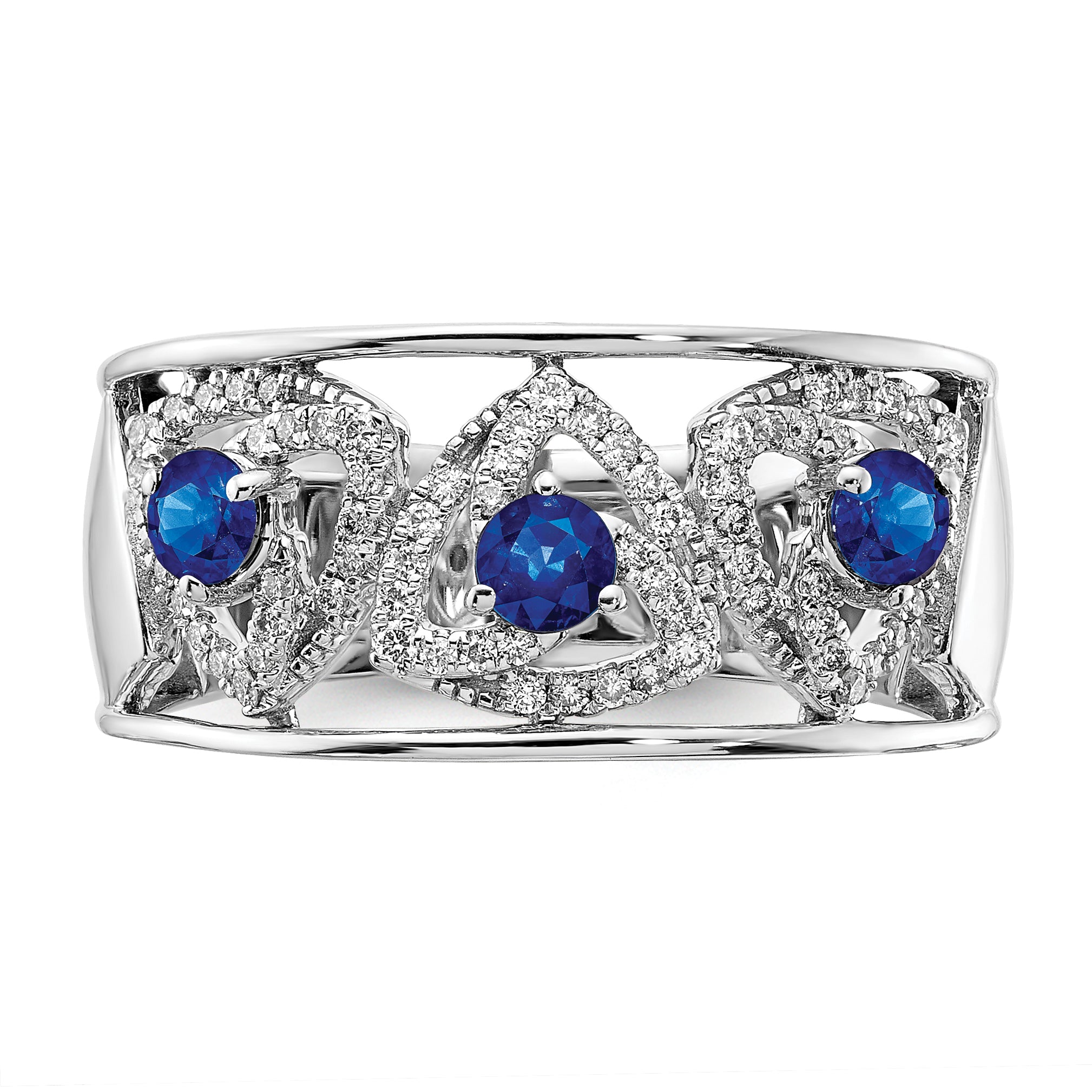 14k White Gold Diamond and Blue Sapphire Triangles Ring