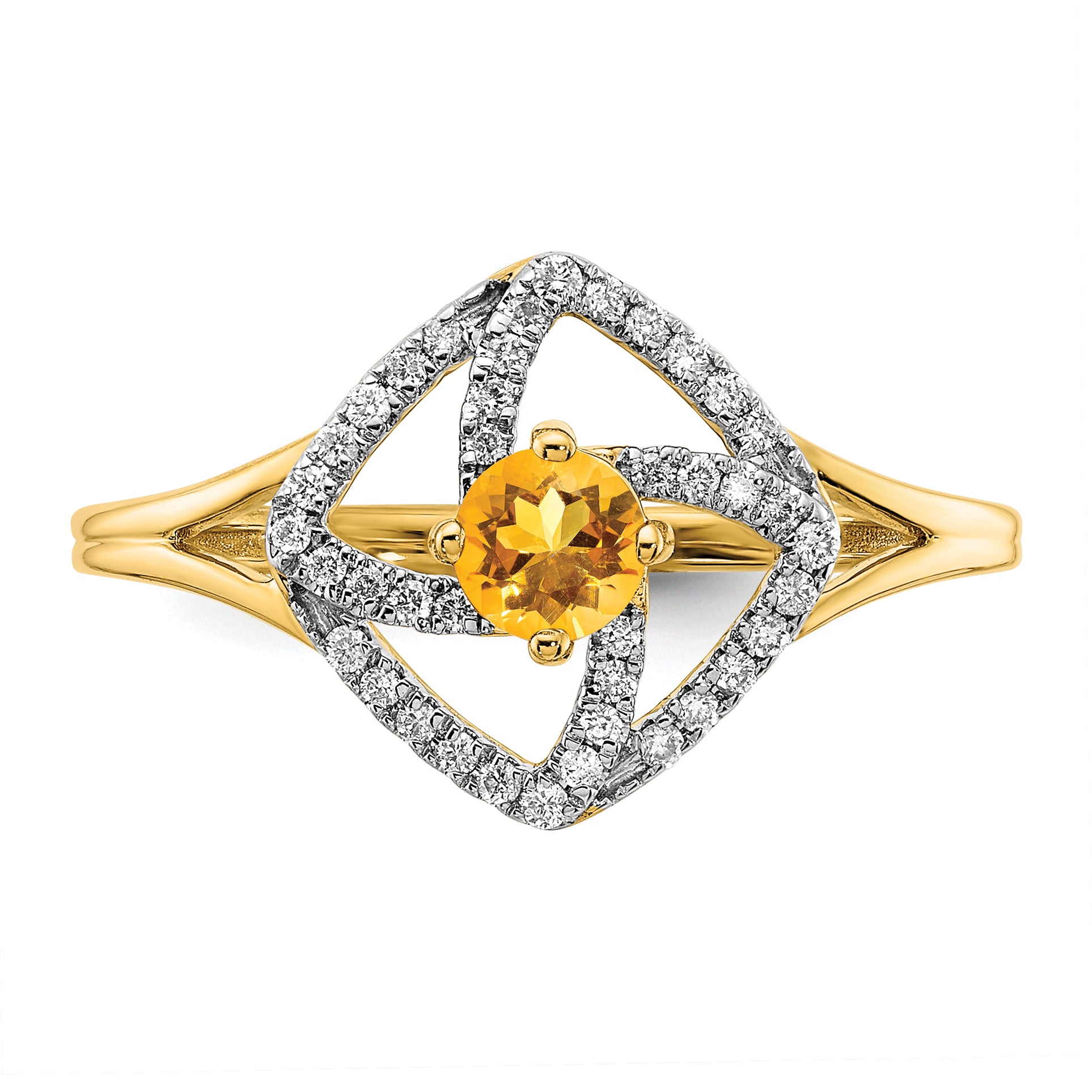 14k Polished Diamond and Citrine Square Ring