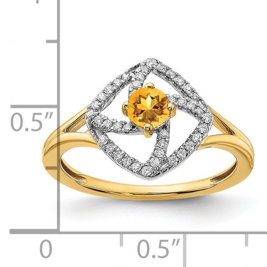 14k Polished Diamond and Citrine Square Ring
