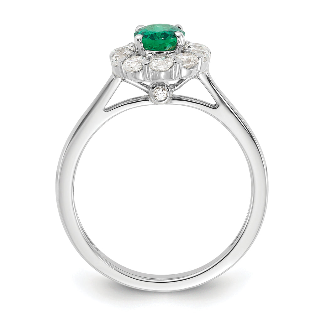 10k White Gold 5/8 carat Lab Grown Diamond VS/SI+ G+ and Oval Lab Created Emerald Halo Fashion Ring