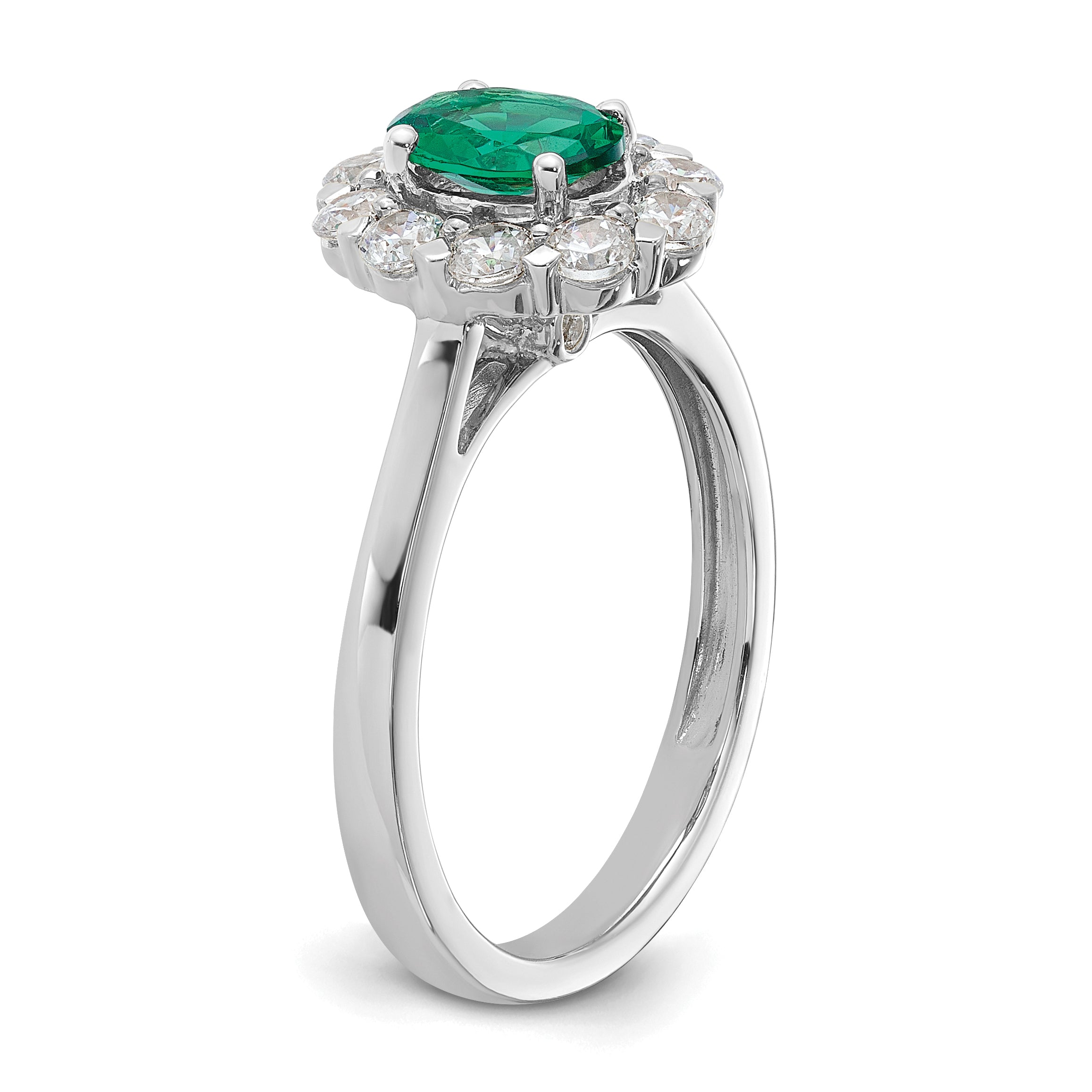 10k White Gold 5/8 carat Lab Grown Diamond VS/SI+ G+ and Oval Lab Created Emerald Halo Fashion Ring