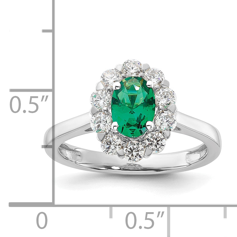 10k White Gold 5/8 carat Lab Grown Diamond VS/SI+ G+ and Oval Lab Created Emerald Halo Fashion Ring