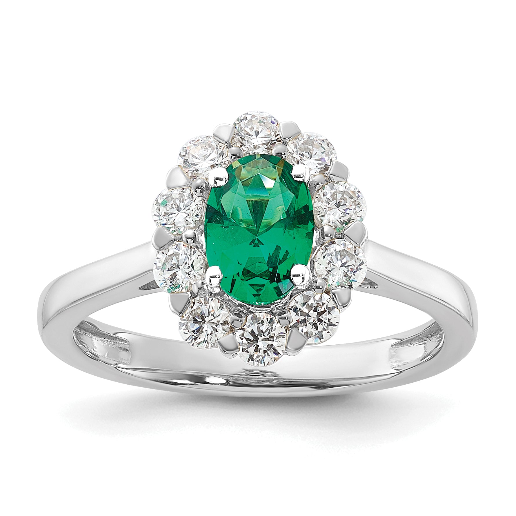 10k White Gold 5/8 carat Lab Grown Diamond VS/SI+ G+ and Oval Lab Created Emerald Halo Fashion Ring Main image