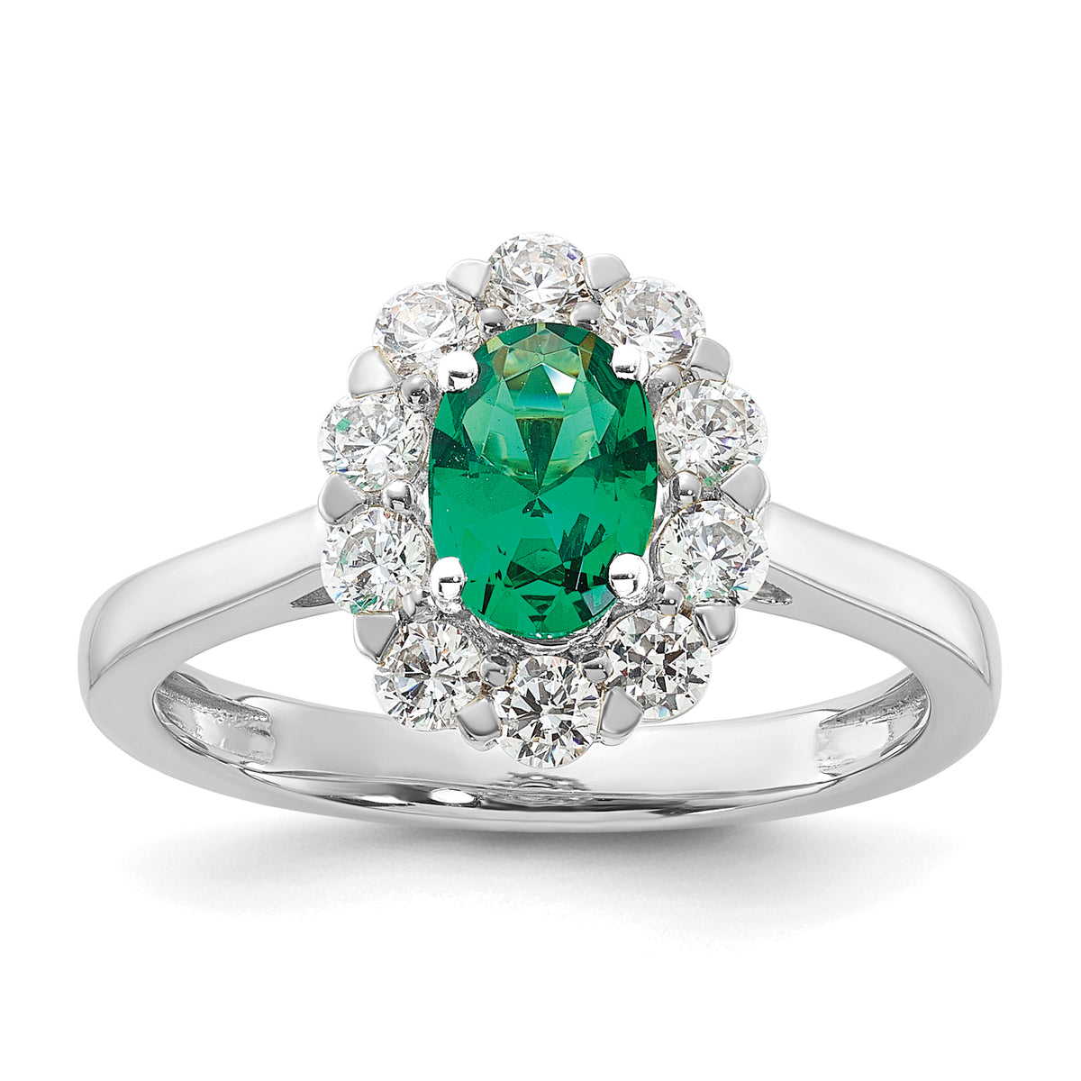 10k White Gold 5/8 carat Lab Grown Diamond VS/SI+ G+ and Oval Lab Created Emerald Halo Fashion Ring