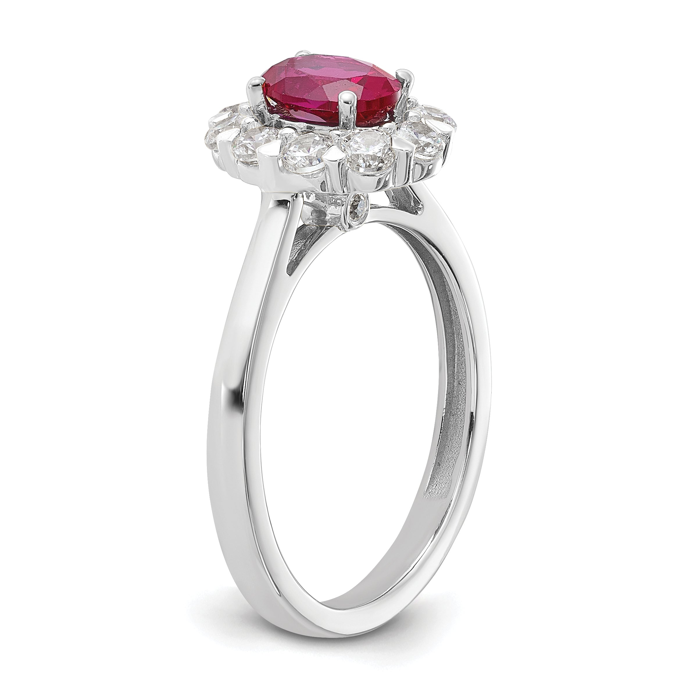 10k White Gold 5/8 carat Lab Grown Diamond VS/SI+ G+ and Oval Lab Created Ruby Halo Fashion Ring