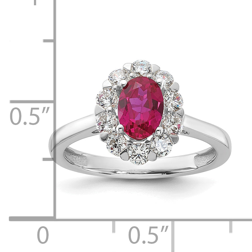 10k White Gold 5/8 carat Lab Grown Diamond VS/SI+ G+ and Oval Lab Created Ruby Halo Fashion Ring