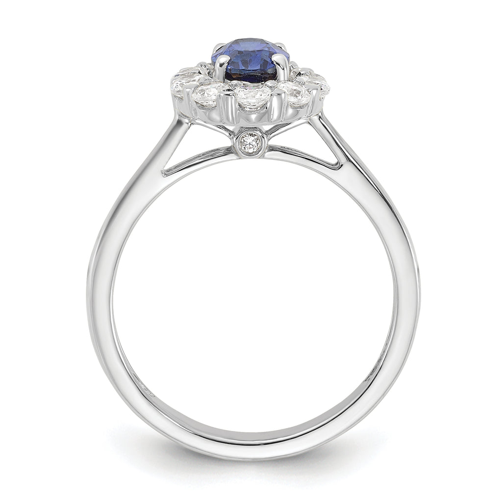 10k White Gold 5/8 carat Lab Grown Diamond VS/SI+ G+ and Oval Lab Created Blue Sapphire Halo Fashion Ring