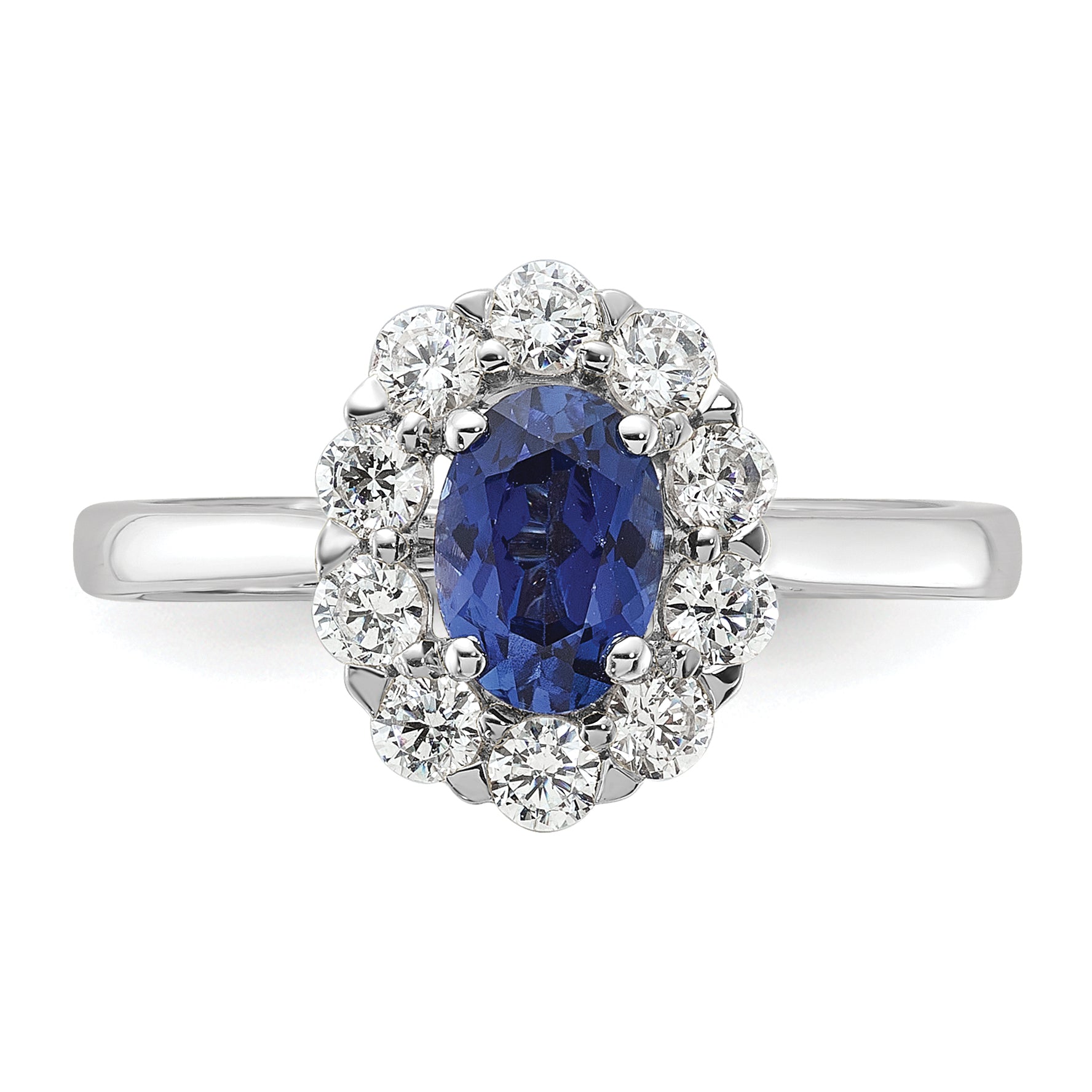 10k White Gold 5/8 carat Lab Grown Diamond VS/SI+ G+ and Oval Lab Created Blue Sapphire Halo Fashion Ring