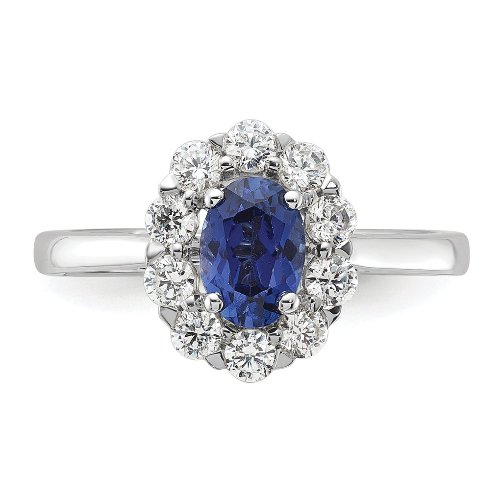 10k White Gold 5/8 carat Lab Grown Diamond VS/SI+ G+ and Oval Lab Created Blue Sapphire Halo Fashion Ring