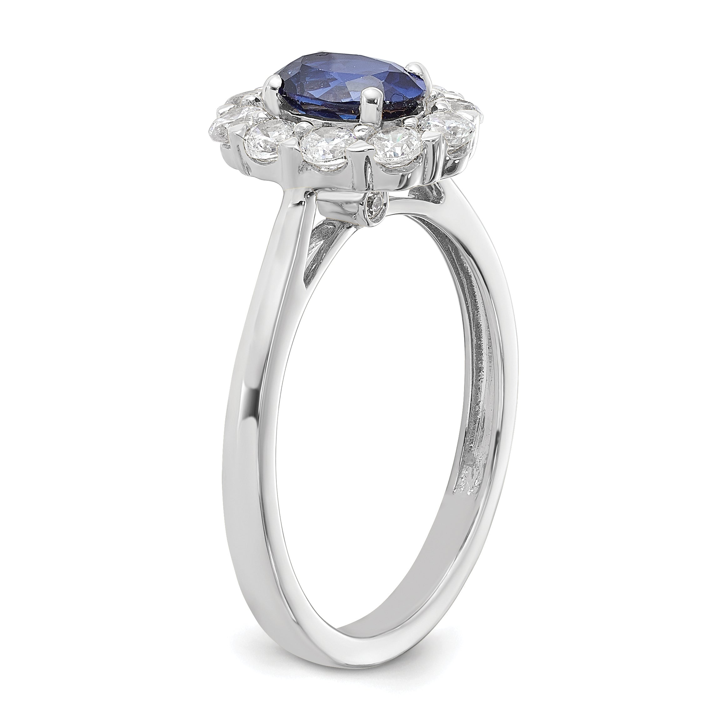 10k White Gold 5/8 carat Lab Grown Diamond VS/SI+ G+ and Oval Lab Created Blue Sapphire Halo Fashion Ring