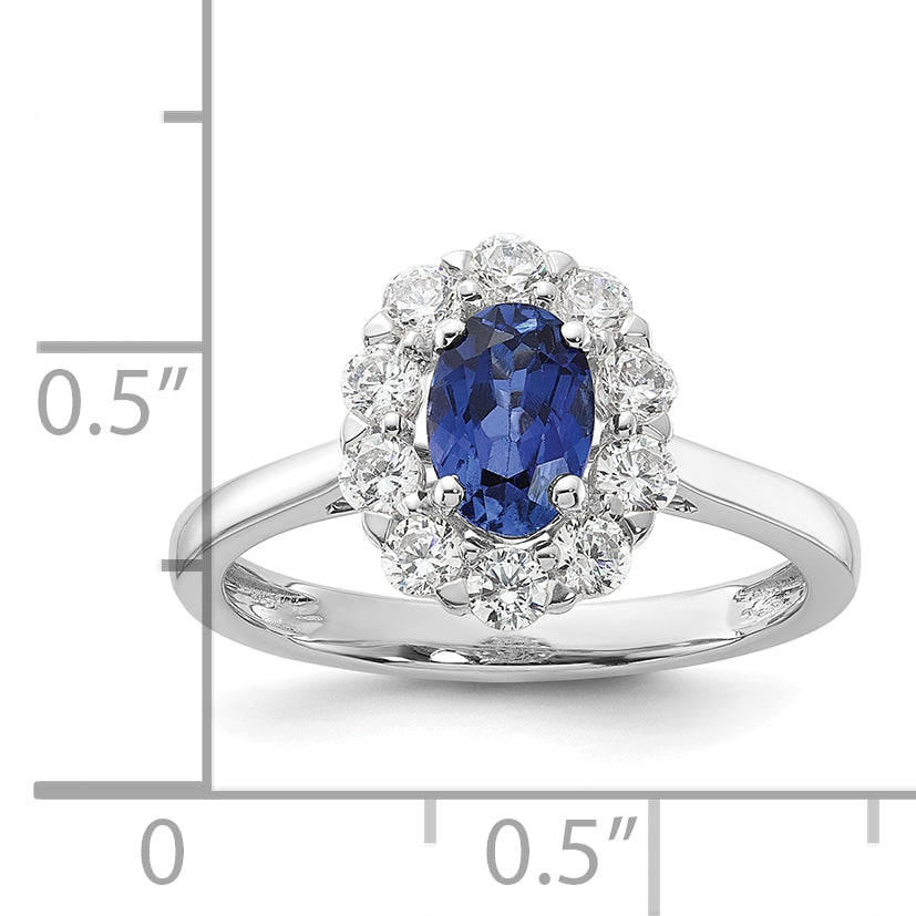 10k White Gold 5/8 carat Lab Grown Diamond VS/SI+ G+ and Oval Lab Created Blue Sapphire Halo Fashion Ring