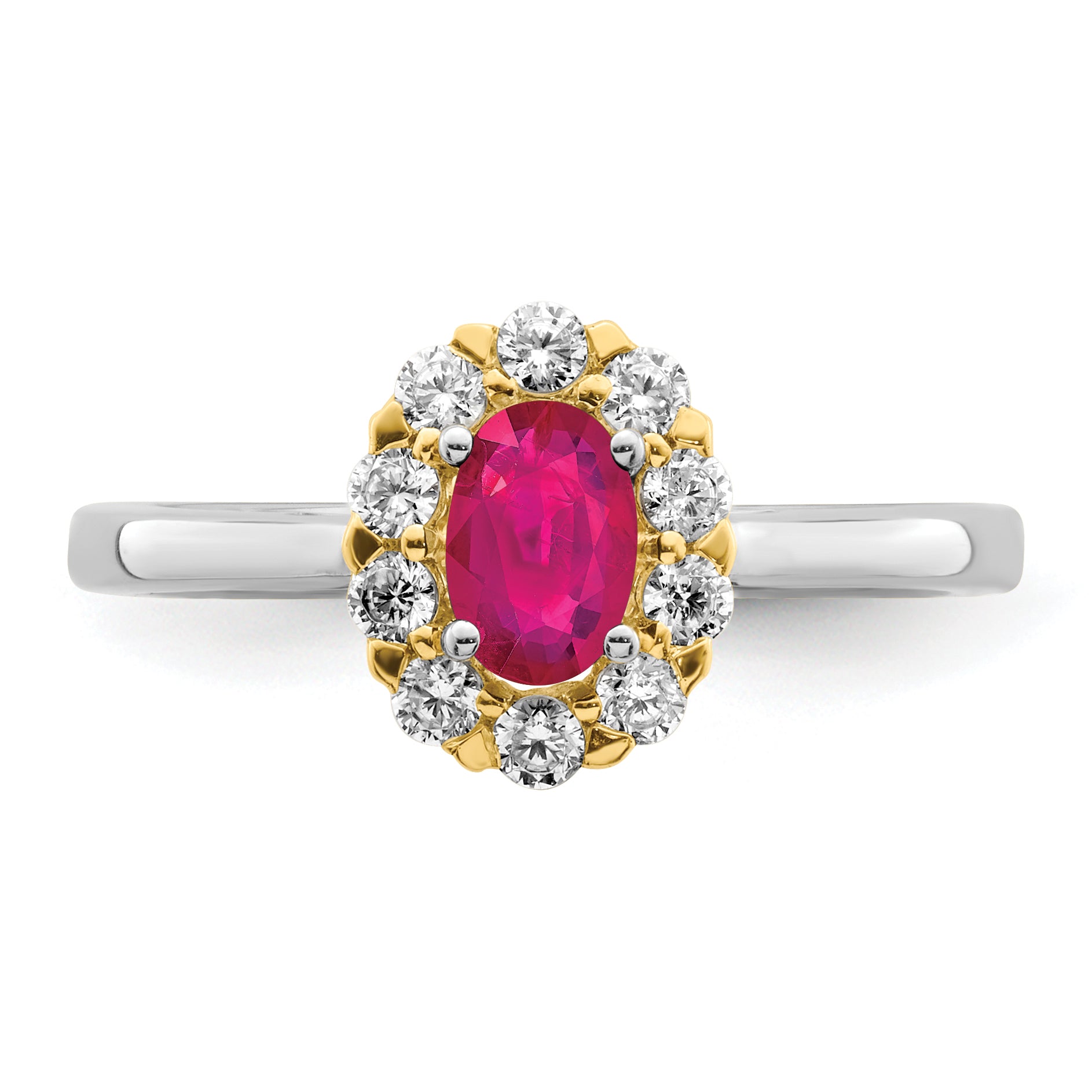 14k Two-Tone 5/8 carat Lab Grown Diamond VS/SI+ G+ and Oval Lab Created Ruby Halo Fashion Ring