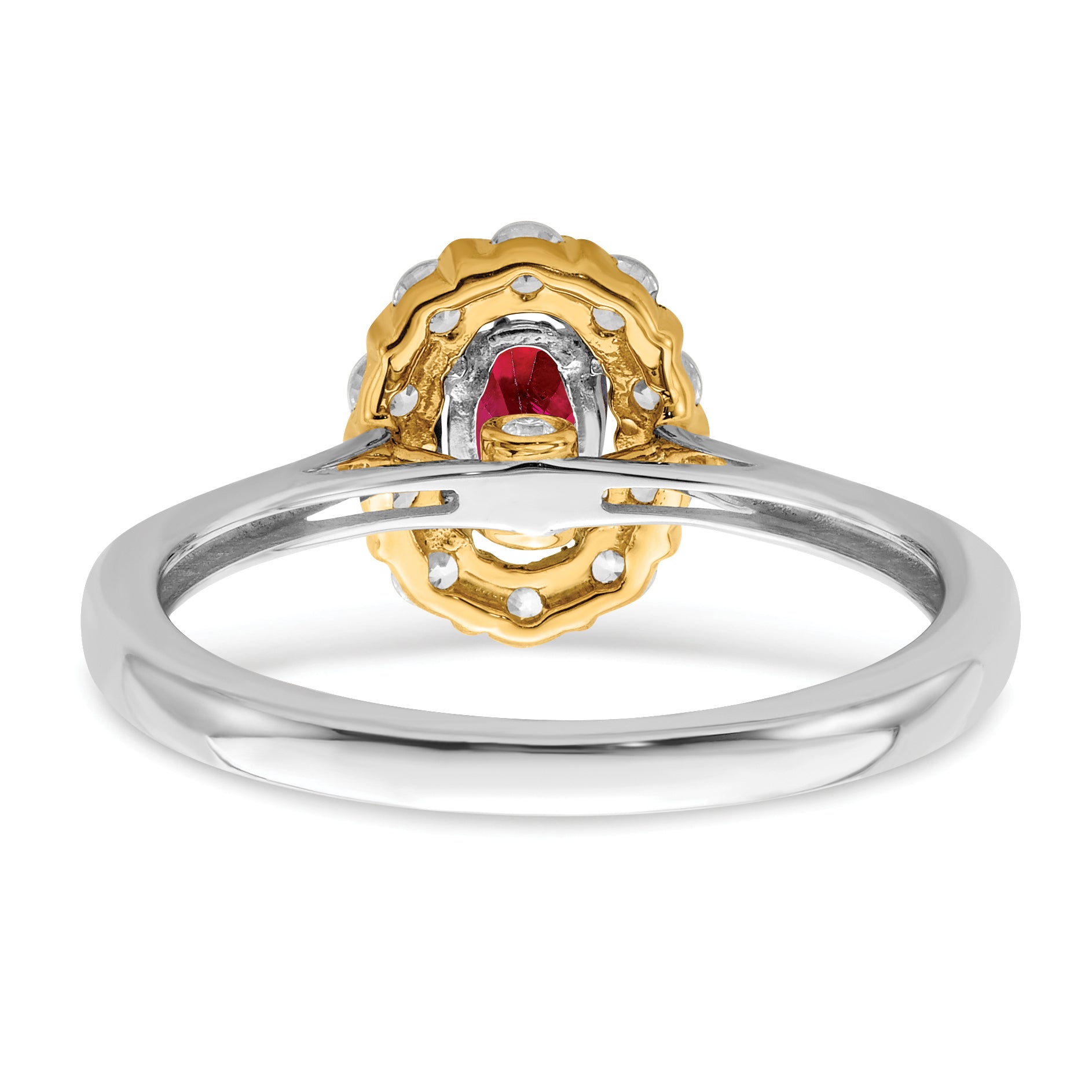 14k Two-Tone 5/8 carat Lab Grown Diamond VS/SI+ G+ and Oval Lab Created Ruby Halo Fashion Ring