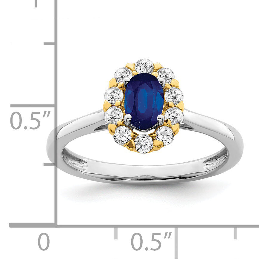 14k Two-Tone 5/8 carat Lab Grown Diamond VS/SI+ G+ and Oval Lab Created Blue Sapphire Halo Fashion Ring
