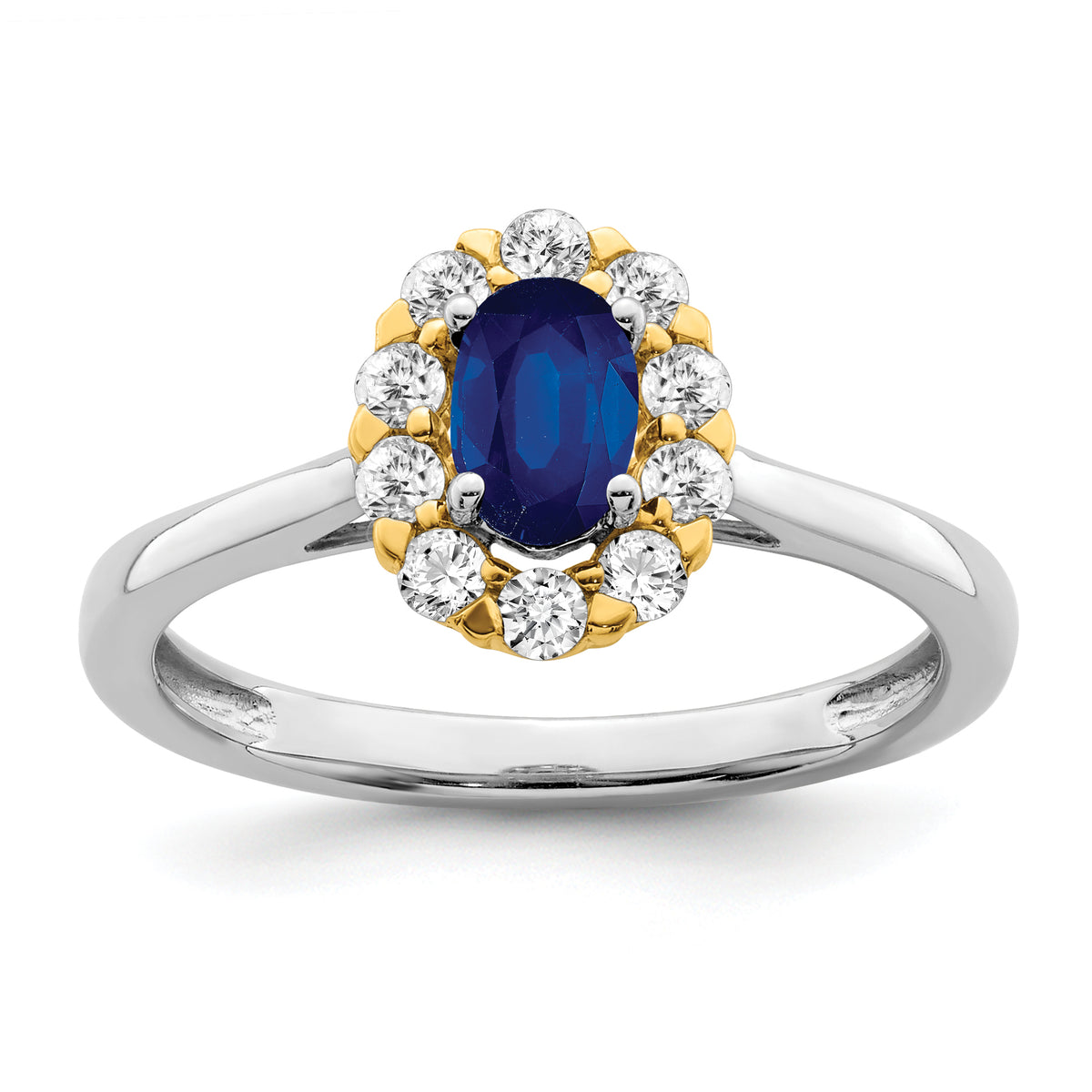 14k Two-Tone 5/8 carat Lab Grown Diamond VS/SI+ G+ and Oval Lab Created Blue Sapphire Halo Fashion Ring