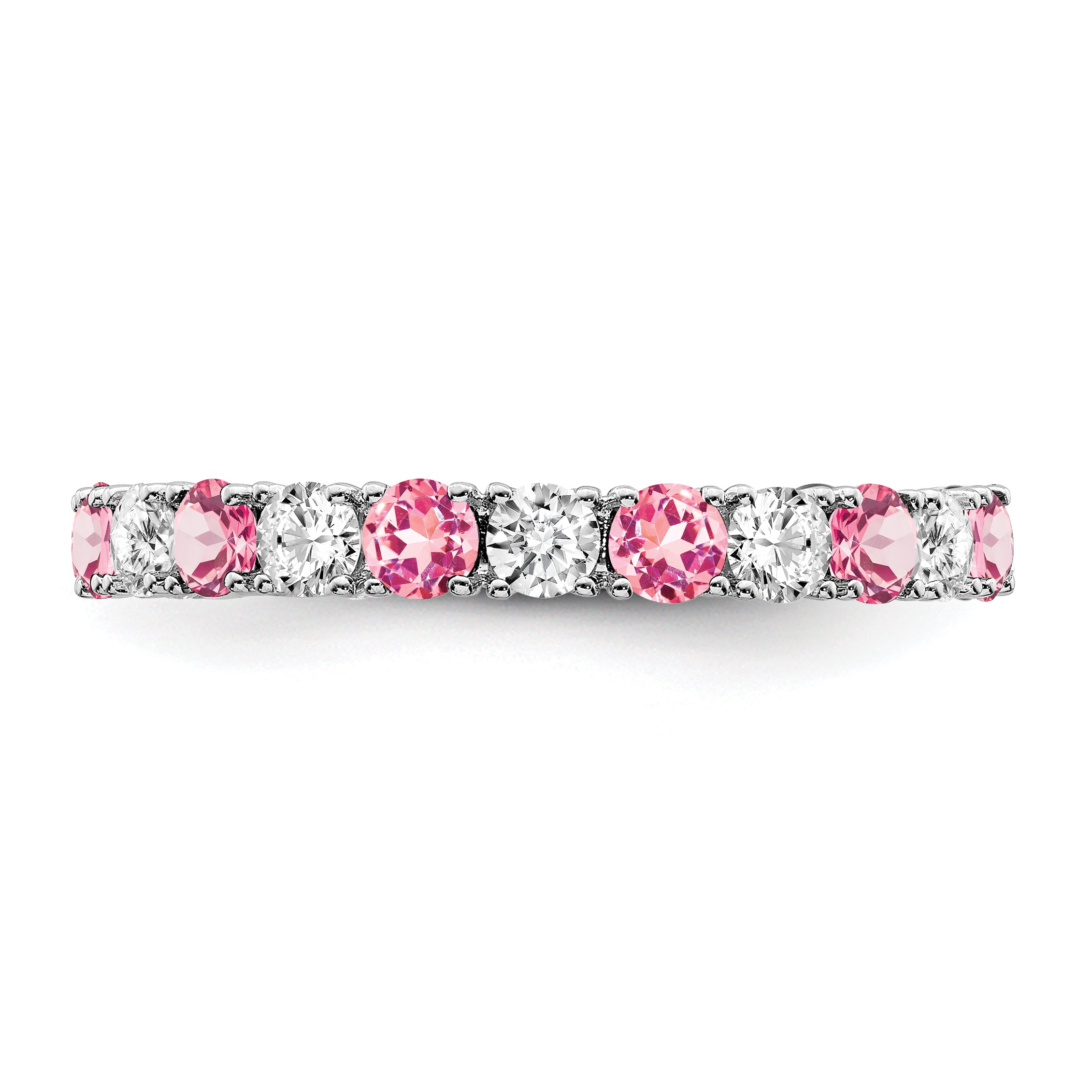 14k White Gold Created Pink Sapphire and Diamond Band