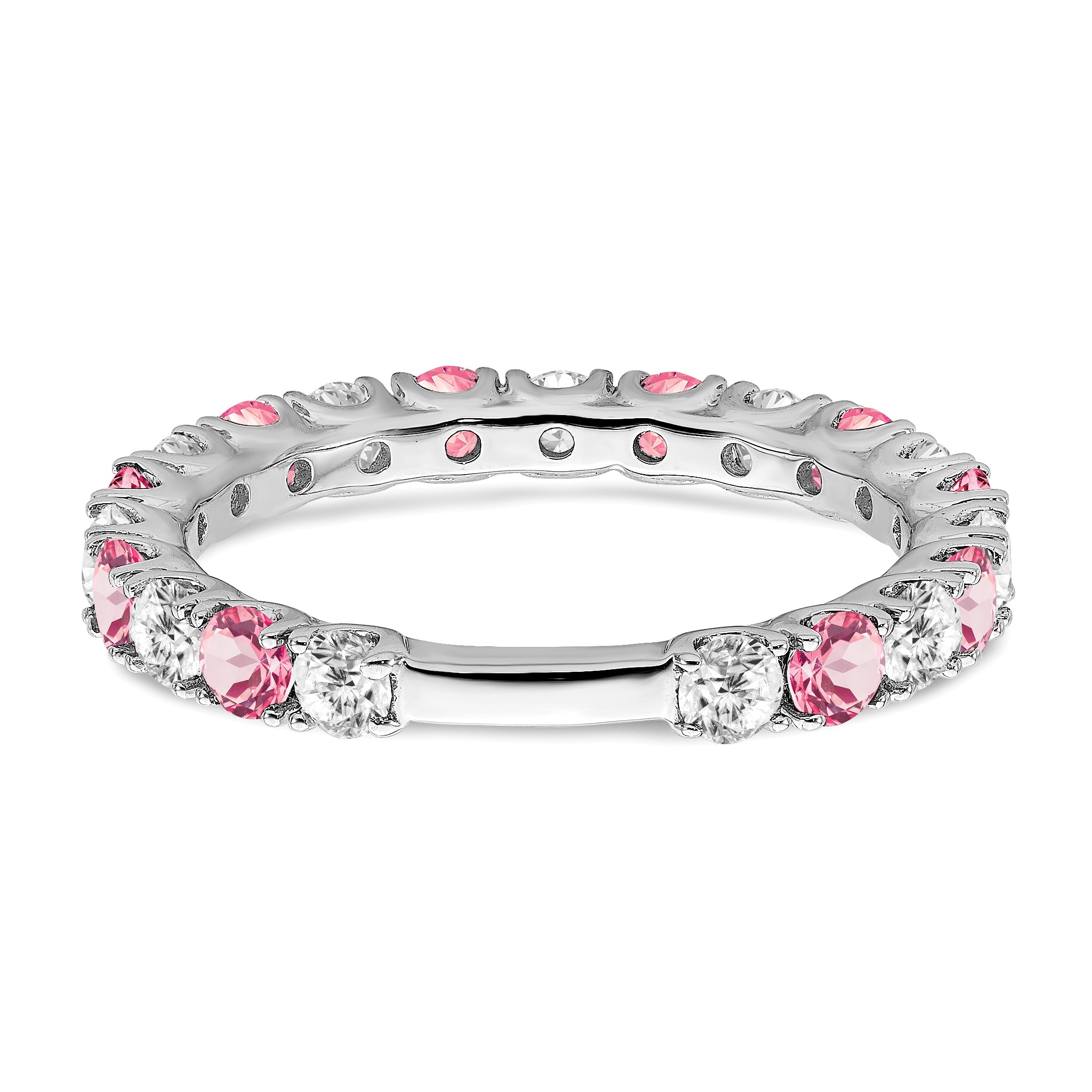 14k White Gold Created Pink Sapphire and Diamond Band