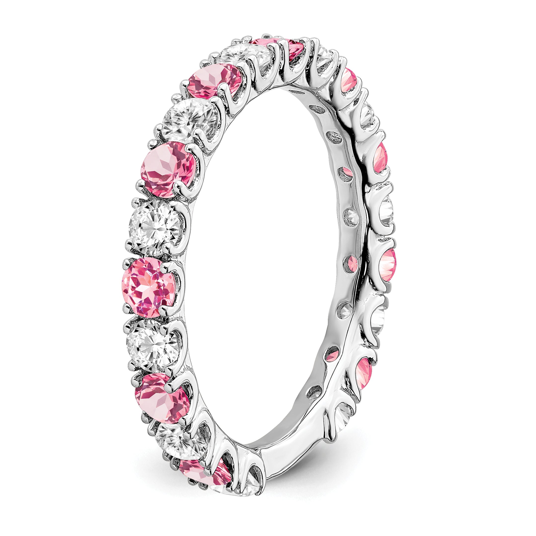 14k White Gold Created Pink Sapphire and Diamond Band