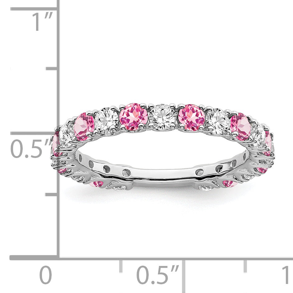 14k White Gold Created Pink Sapphire and Diamond Band