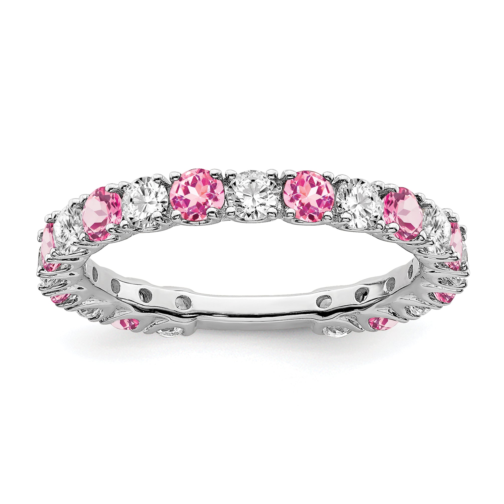 14k White Gold Created Pink Sapphire and Diamond Band